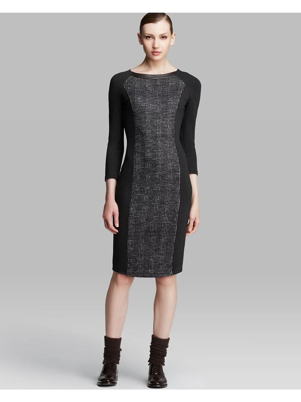 Max Mara Weekend Romina Wool Jersey Dress Houndstooth Long Sleeve Gray, Medium